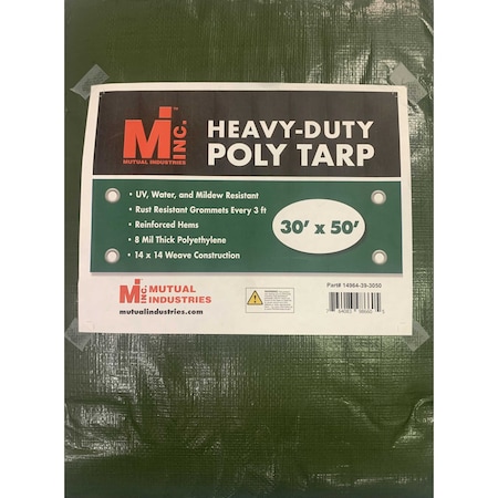 Mutual Industries Heavy Duty Tarp, 30 ft x 50 ft, 8 mil, Green, UV Resistant, Mildew Resistant 14964-39-3050